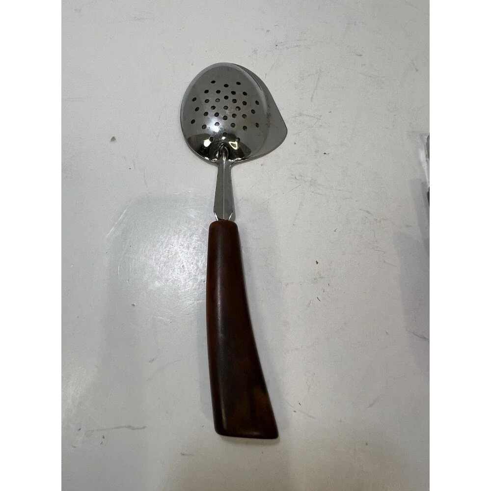 Slotted Skimmer Spoon side Knife Stainless Steel handle Vintage Brown Bakelite